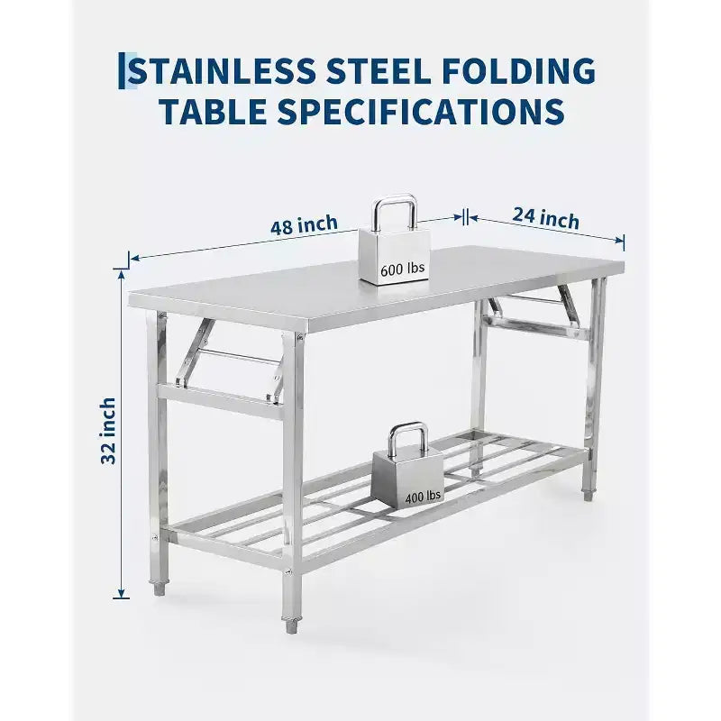 Table pliante en acier inoxydable robuste 48*24 pouces avec étagère inférieure | Station de travail commerciale/domestique pour la préparation des aliments et la restauration