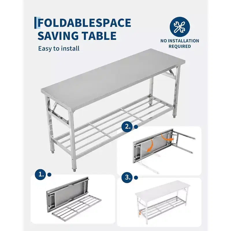 Table pliante en acier inoxydable robuste 48*24 pouces avec étagère inférieure | Station de travail commerciale/domestique pour la préparation des aliments et la restauration