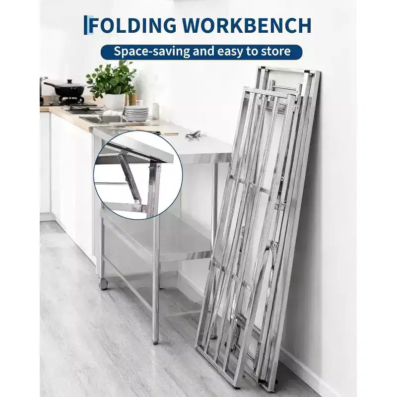 Table pliante en acier inoxydable robuste 48*24 pouces avec étagère inférieure | Station de travail commerciale/domestique pour la préparation des aliments et la restauration