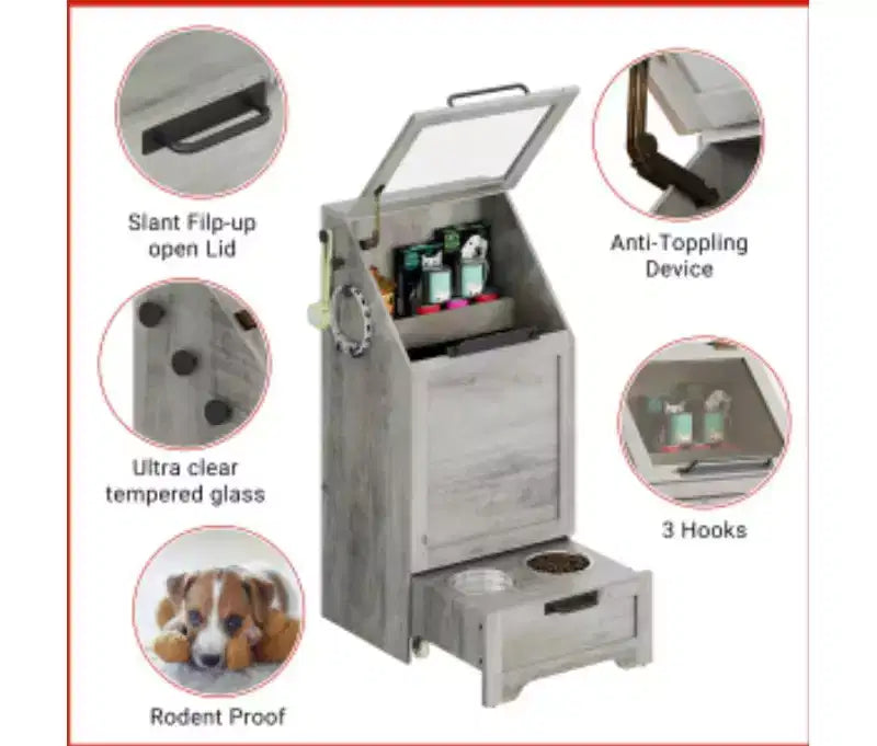 Armoire de rangement pour aliments pour chiens en MDF, PB et fer avec couvercle à charnière,