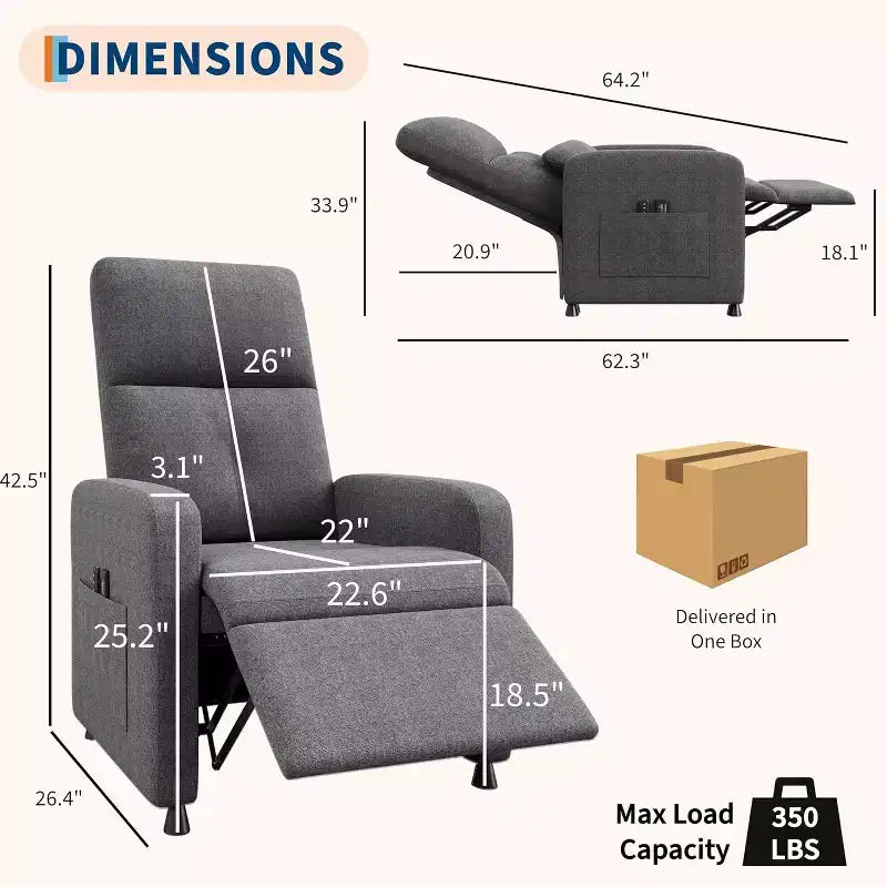 Fauteuil inclinable électrique Acekool pour adultes, canapé simple ergonomique réglable électriquement, fauteuil à bascule surdimensionné avec poches latérales et port de chargement USB