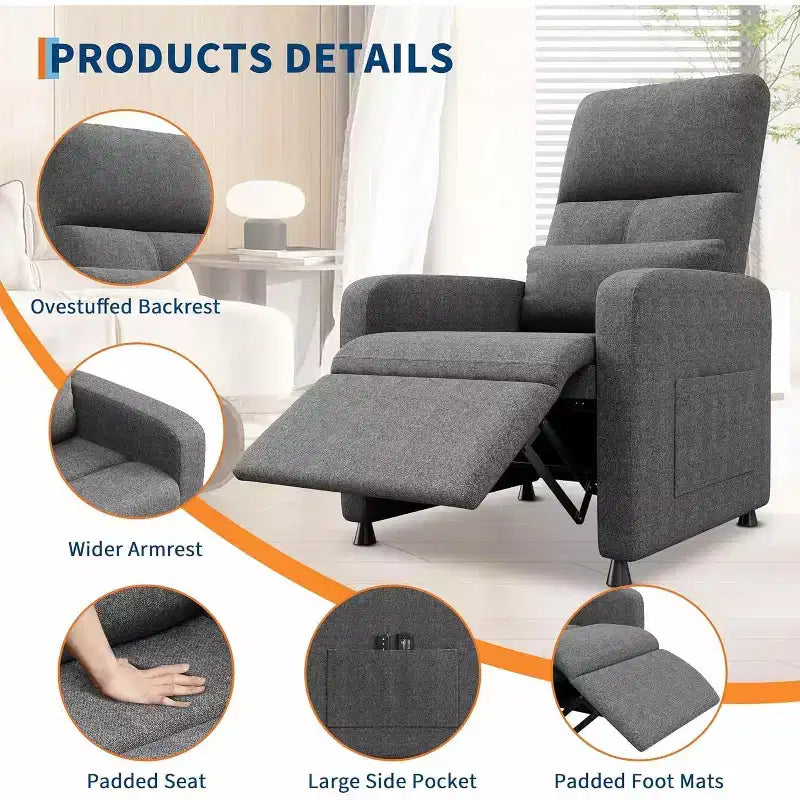 Fauteuil inclinable électrique Acekool pour adultes, canapé simple ergonomique réglable électriquement, fauteuil à bascule surdimensionné avec poches latérales et port de chargement USB