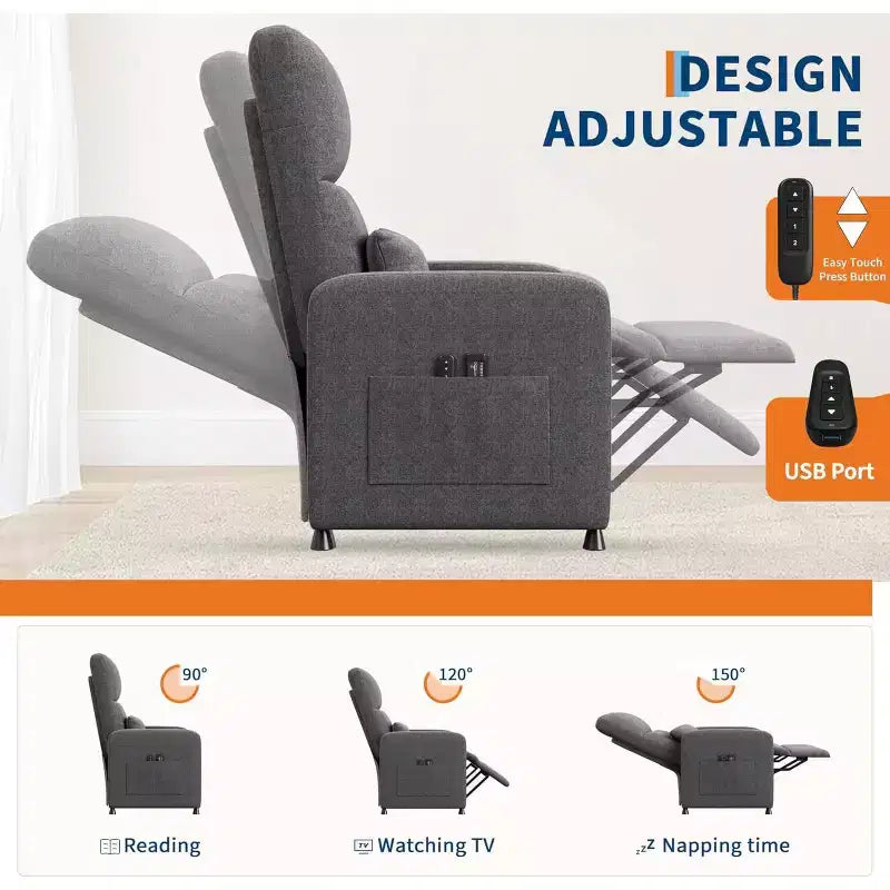 Fauteuil inclinable électrique Acekool pour adultes, canapé simple ergonomique réglable électriquement, fauteuil à bascule surdimensionné avec poches latérales et port de chargement USB