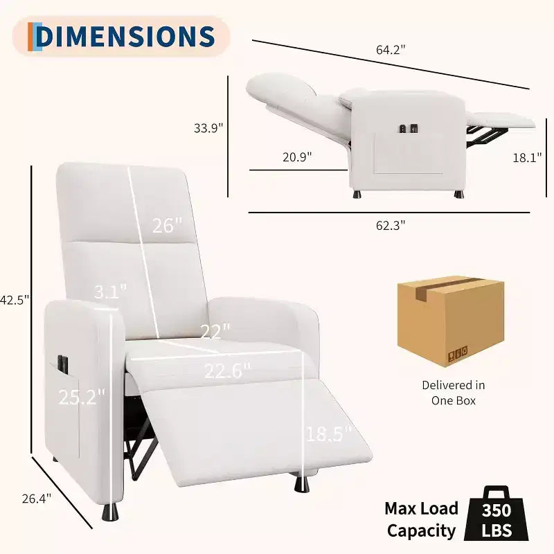 Fauteuil inclinable électrique Acekool pour adultes, canapé simple ergonomique réglable électriquement, fauteuil à bascule surdimensionné avec poches latérales et port de chargement USB