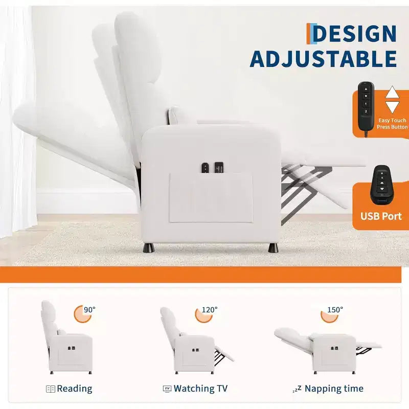 Fauteuil inclinable électrique Acekool pour adultes, canapé simple ergonomique réglable électriquement, fauteuil à bascule surdimensionné avec poches latérales et port de chargement USB