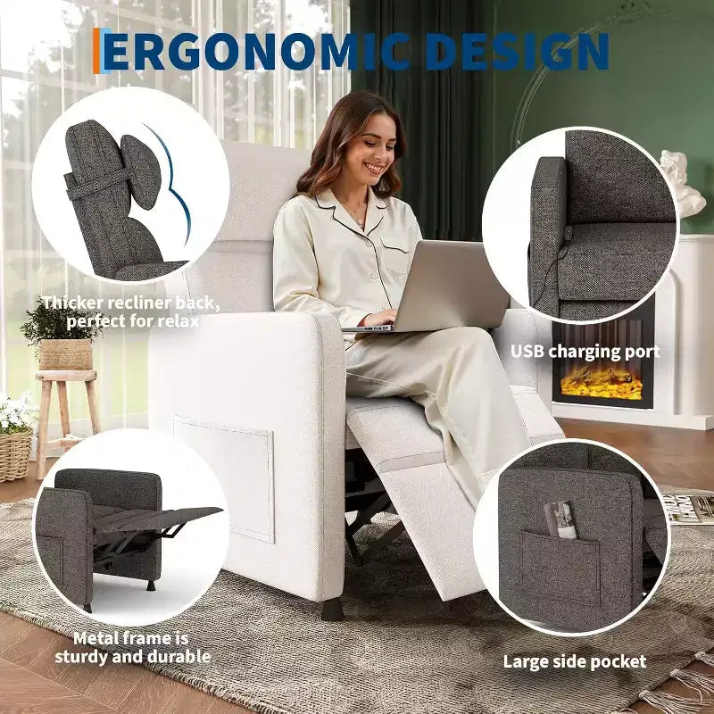 Fauteuil inclinable électrique Acekool pour adultes, canapé simple ergonomique réglable électriquement, fauteuil à bascule surdimensionné avec poches latérales et port de chargement USB