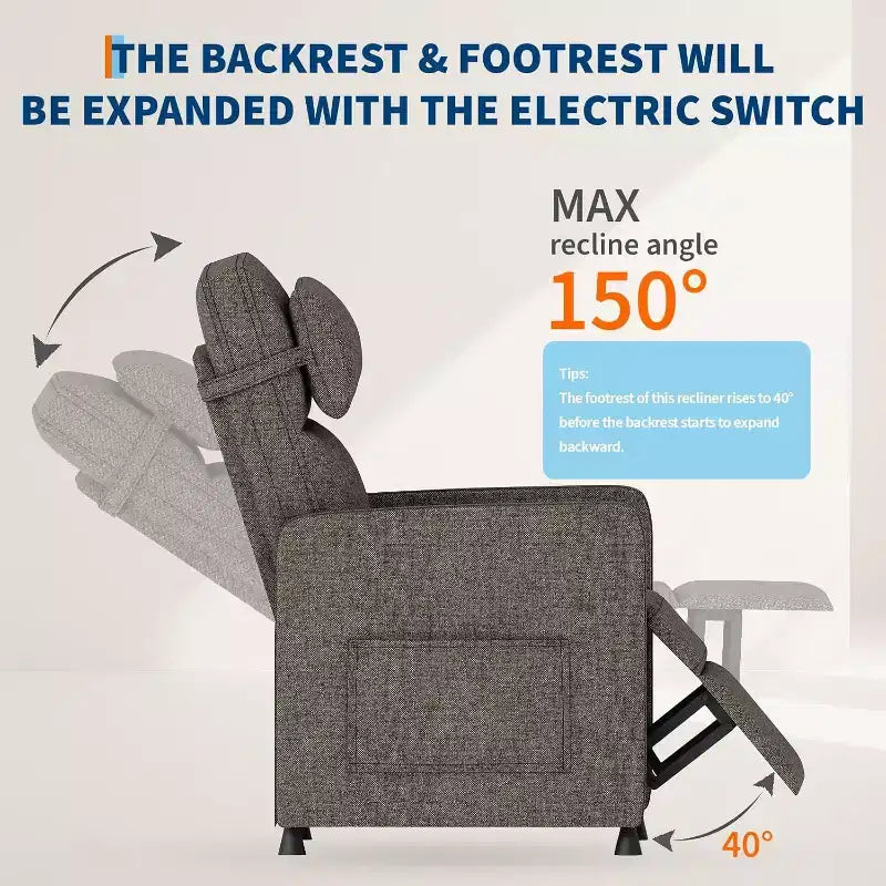 Fauteuil inclinable électrique Acekool pour adultes, canapé simple ergonomique réglable électriquement, fauteuil à bascule surdimensionné avec poches latérales et port de chargement USB