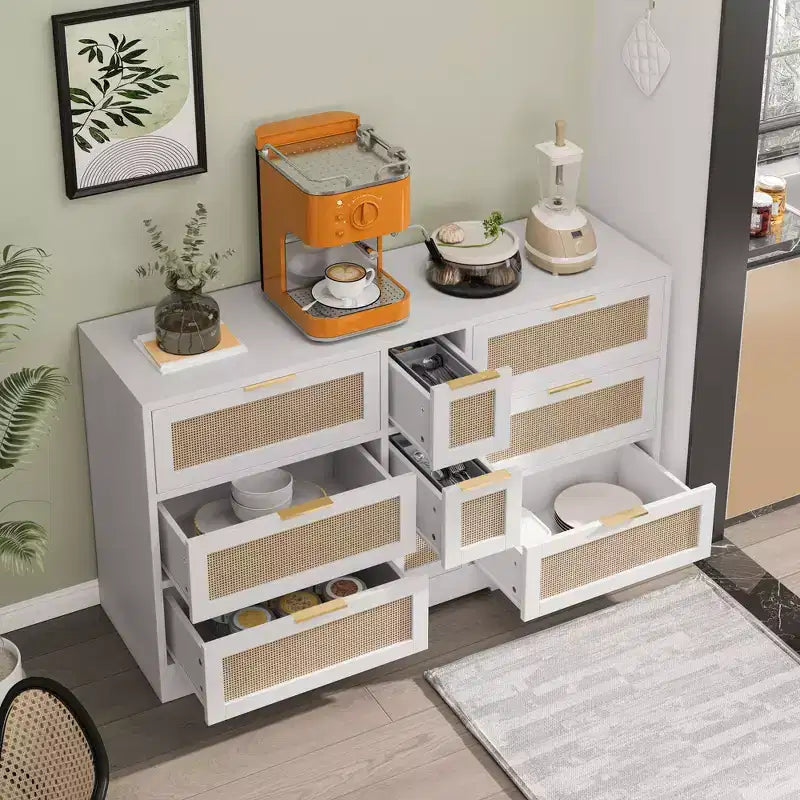 Commode à 9 tiroirs, commode en rotin pour chambre à coucher, meuble de rangement large en bois naturel avec poignées, commode meuble TV, organisateur de tiroirs