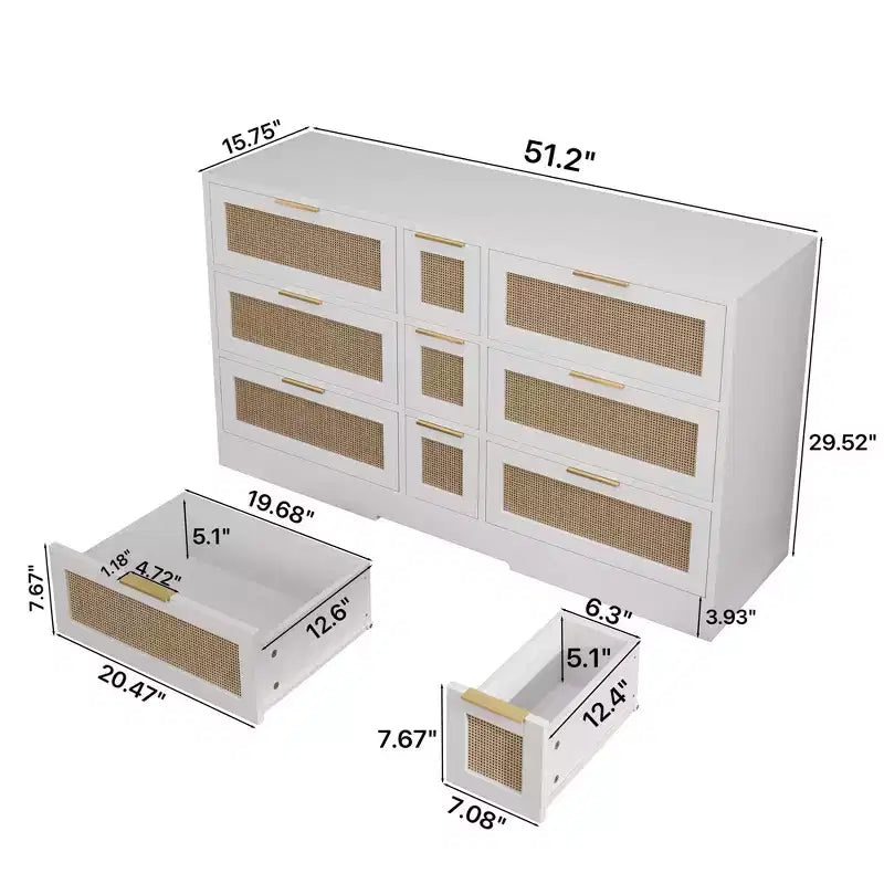 Commode à 9 tiroirs, commode en rotin pour chambre à coucher, meuble de rangement large en bois naturel avec poignées, commode meuble TV, organisateur de tiroirs