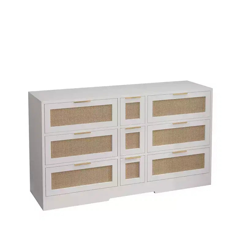 Commode à 9 tiroirs, commode en rotin pour chambre à coucher, meuble de rangement large en bois naturel avec poignées, commode meuble TV, organisateur de tiroirs