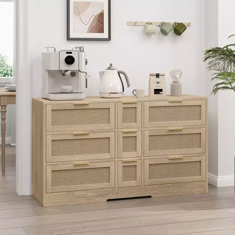 Commode à 9 tiroirs, commode en rotin pour chambre à coucher, meuble de rangement large en bois naturel avec poignées, commode meuble TV, organisateur de tiroirs