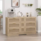 Commode à 9 tiroirs, commode en rotin pour chambre à coucher, meuble de rangement large en bois naturel avec poignées, commode meuble TV, organisateur de tiroirs
