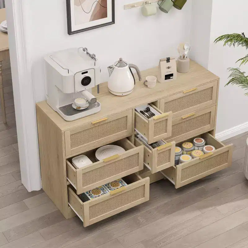 Commode à 9 tiroirs, commode en rotin pour chambre à coucher, meuble de rangement large en bois naturel avec poignées, commode meuble TV, organisateur de tiroirs