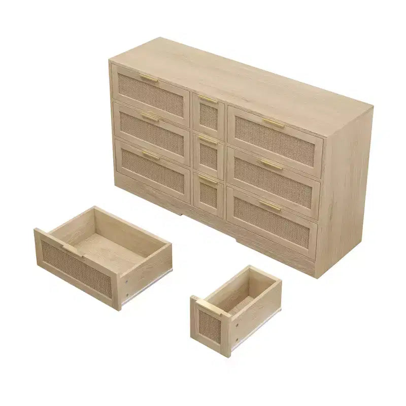 Commode à 9 tiroirs, commode en rotin pour chambre à coucher, meuble de rangement large en bois naturel avec poignées, commode meuble TV, organisateur de tiroirs