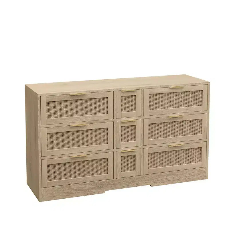 Commode à 9 tiroirs, commode en rotin pour chambre à coucher, meuble de rangement large en bois naturel avec poignées, commode meuble TV, organisateur de tiroirs
