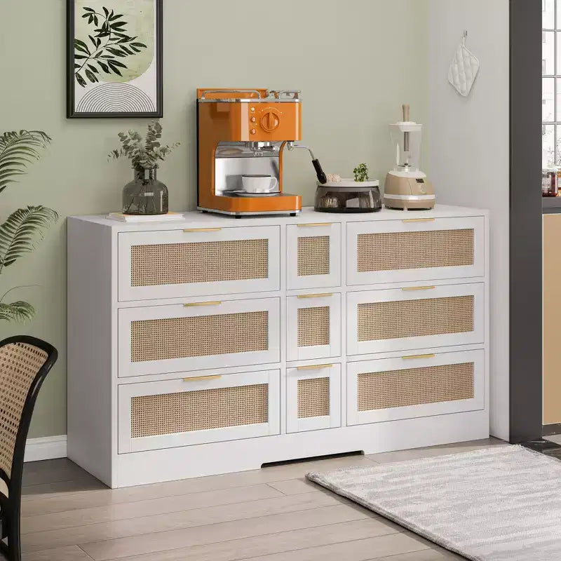 Commode à 9 tiroirs, commode en rotin pour chambre à coucher, meuble de rangement large en bois naturel avec poignées, commode meuble TV, organisateur de tiroirs