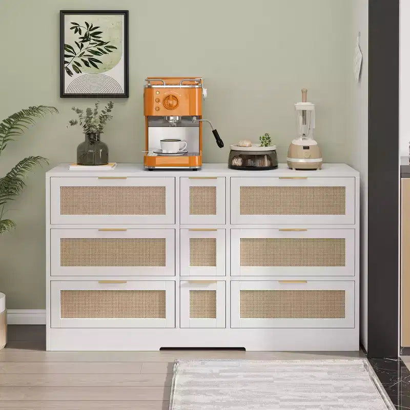 Commode à 9 tiroirs, commode en rotin pour chambre à coucher, meuble de rangement large en bois naturel avec poignées, commode meuble TV, organisateur de tiroirs
