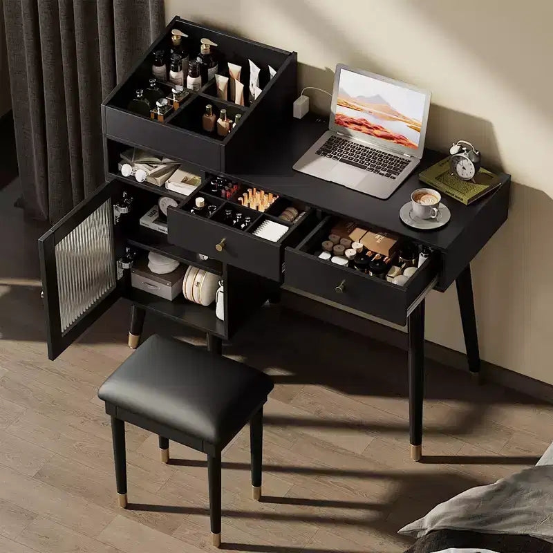 Ensemble coiffeuse compacte GDFStudio Ramesh avec tabouret, port de charge, tiroirs, meuble de rangement