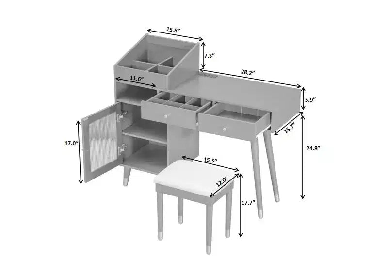 Ensemble coiffeuse compacte GDFStudio Ramesh avec tabouret, port de charge, tiroirs, meuble de rangement