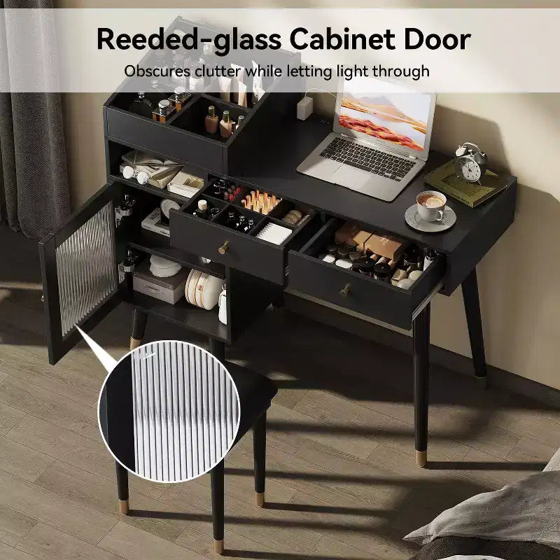 Ensemble coiffeuse compacte GDFStudio Ramesh avec tabouret, port de charge, tiroirs, meuble de rangement
