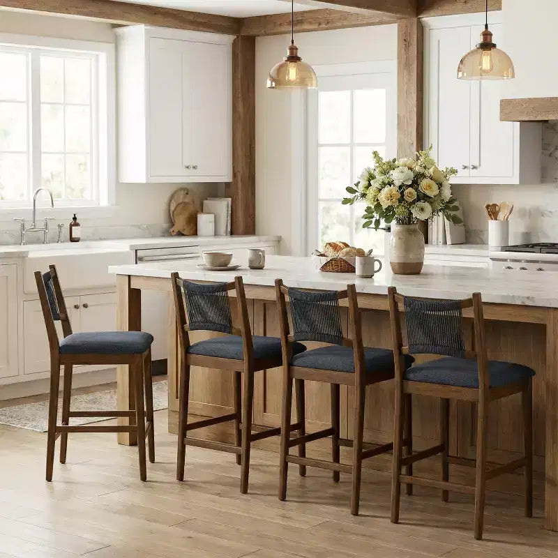 Tabourets de comptoir rembourrés modernes en bois d'hévéa Natalie Christopher Knight Home avec dossier en corde tressée (lot de 4)