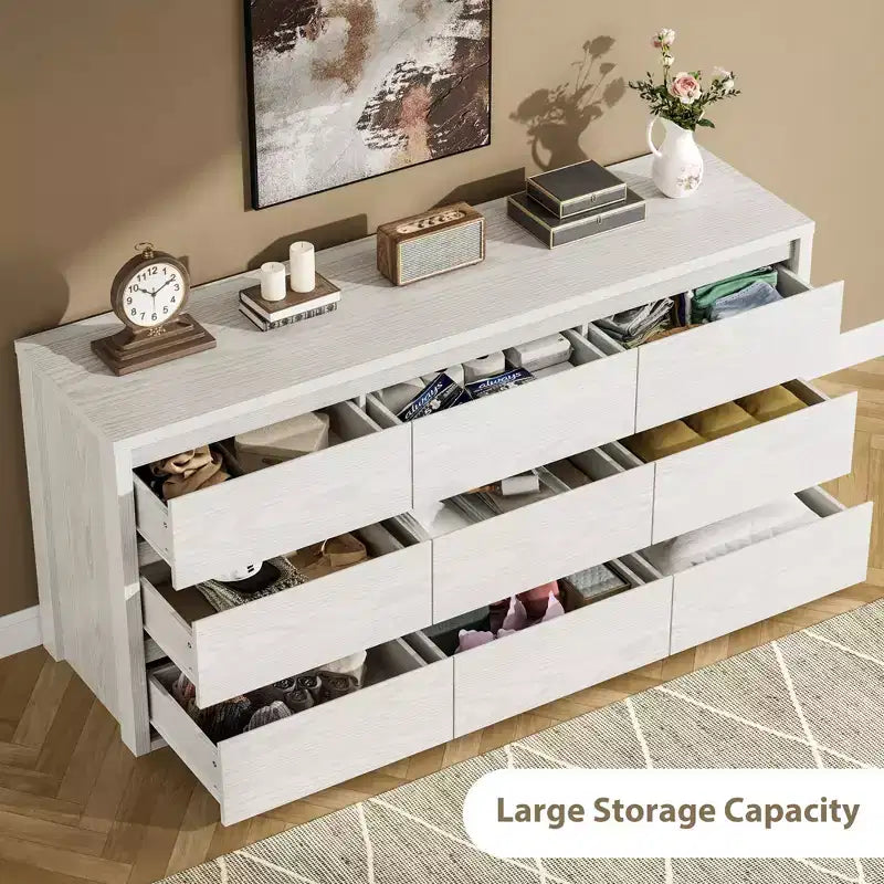 COZONY Commode en bois à 9 tiroirs, Meuble de rangement sans poignée pour chambre à coucher, salon et couloir, avec dispositif anti-basculement