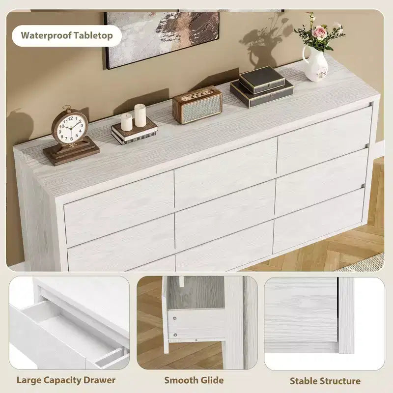 COZONY Commode en bois à 9 tiroirs, Meuble de rangement sans poignée pour chambre à coucher, salon et couloir, avec dispositif anti-basculement