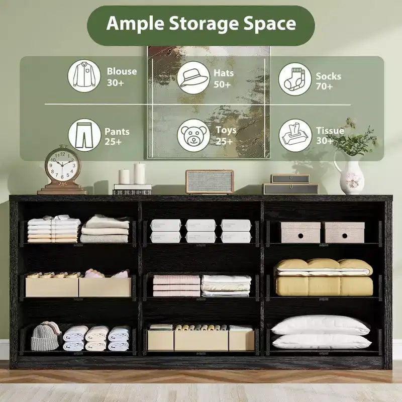 COZONY Commode en bois à 9 tiroirs, Meuble de rangement sans poignée pour chambre à coucher, salon et couloir, avec dispositif anti-basculement