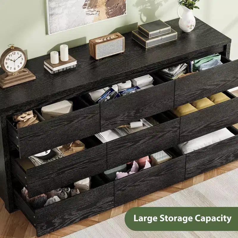 COZONY Commode en bois à 9 tiroirs, Meuble de rangement sans poignée pour chambre à coucher, salon et couloir, avec dispositif anti-basculement