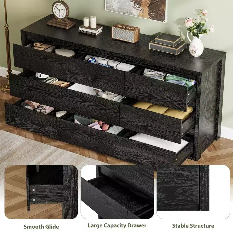 COZONY Commode en bois à 9 tiroirs, Meuble de rangement sans poignée pour chambre à coucher, salon et couloir, avec dispositif anti-basculement
