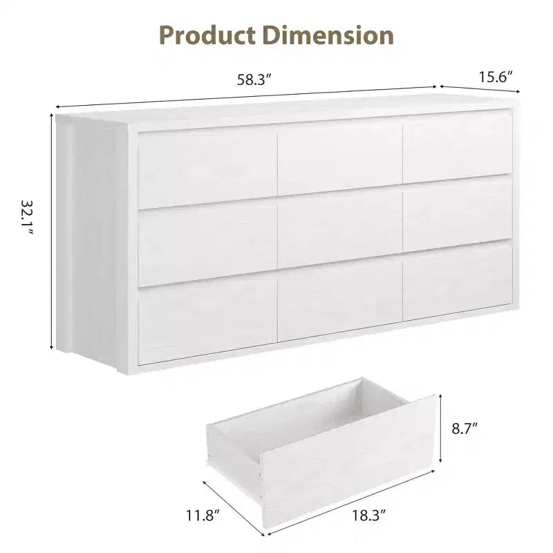 COZONY Commode en bois à 9 tiroirs, Meuble de rangement sans poignée pour chambre à coucher, salon et couloir, avec dispositif anti-basculement