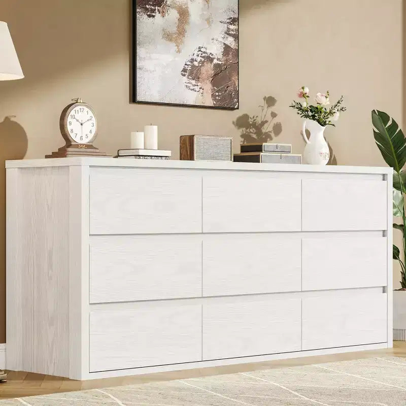 COZONY Commode en bois à 9 tiroirs, Meuble de rangement sans poignée pour chambre à coucher, salon et couloir, avec dispositif anti-basculement
