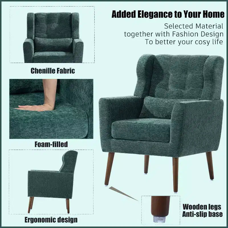 Fauteuil d'appoint en chenille TUYOHW, fauteuil de salon moderne avec coussin décoratif, dossier ergonomique, pieds en bois fuselés, fauteuil de lecture pour salon, chambre à coucher