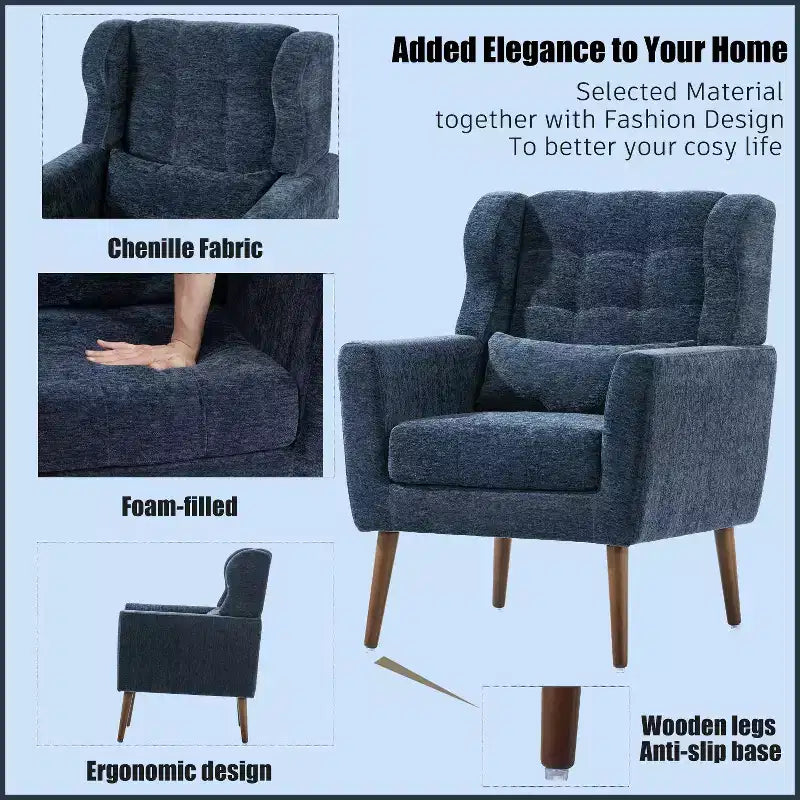 Fauteuil d'appoint en chenille TUYOHW, fauteuil de salon moderne avec coussin décoratif, dossier ergonomique, pieds en bois fuselés, fauteuil de lecture pour salon, chambre à coucher