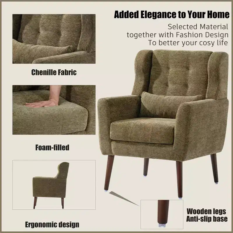 Fauteuil d'appoint en chenille TUYOHW, fauteuil de salon moderne avec coussin décoratif, dossier ergonomique, pieds en bois fuselés, fauteuil de lecture pour salon, chambre à coucher