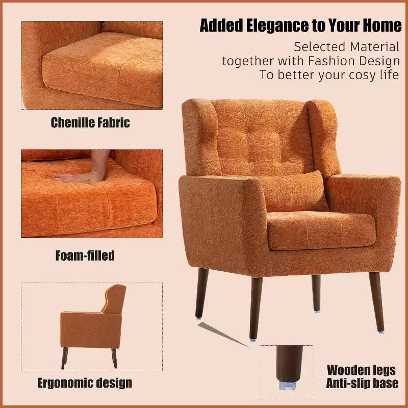 Fauteuil d'appoint en chenille TUYOHW, fauteuil de salon moderne avec coussin décoratif, dossier ergonomique, pieds en bois fuselés, fauteuil de lecture pour salon, chambre à coucher