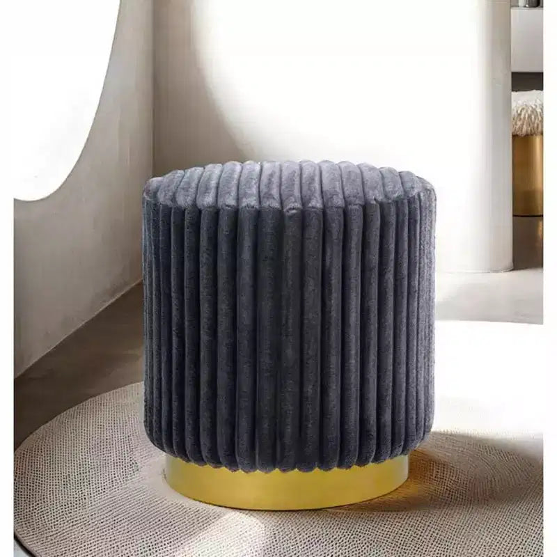 TUYOHW 16 Round Accent Stool,Fur-Like Fabric Tufted Ottoman with Gold Stainless Steel Base,Channel-Tufted Pouf for Living Room,Bedroom,Gray