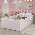 Lit plateforme double Whisen, cadre de lit rembourré pour enfants avec coussin lapin, barrières latérales amovibles