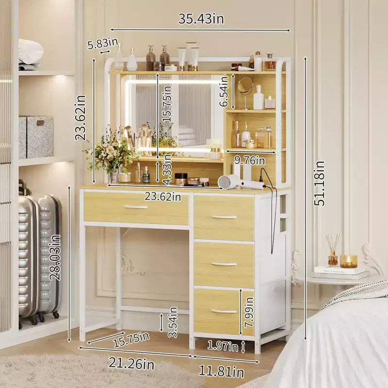 Coiffeuse avec miroir et lumières, table de maquillage de 90 cm avec 4 tiroirs en tissu et étagères de rangement, lumières LED réglables, coiffeuse pour chambre à coucher