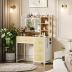 Coiffeuse avec miroir et lumières, table de maquillage de 90 cm avec 4 tiroirs en tissu et étagères de rangement, lumières LED réglables, coiffeuse pour chambre à coucher