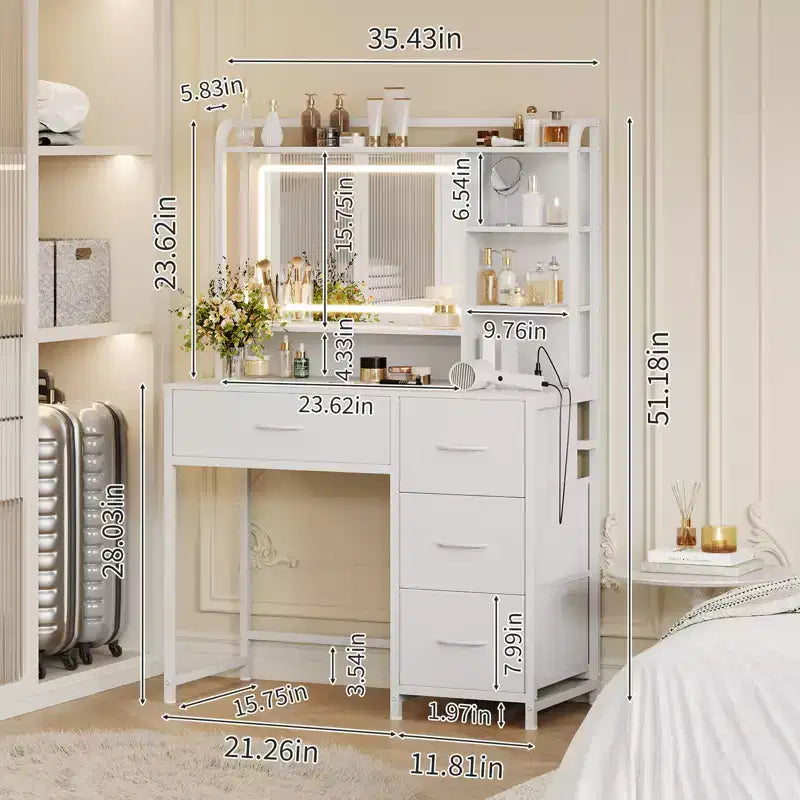 Coiffeuse avec miroir et lumières, table de maquillage de 90 cm avec 4 tiroirs en tissu et étagères de rangement, lumières LED réglables, coiffeuse pour chambre à coucher