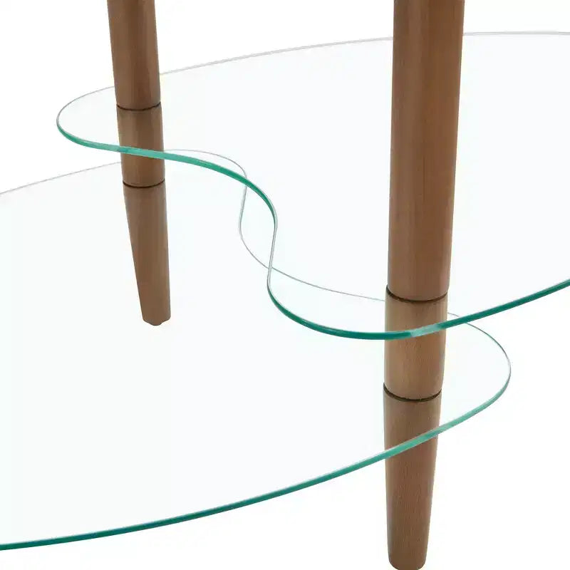 Table basse ovale à 3 niveaux en verre avec pieds en chêne, table de centre moderne en verre trempé pour salon