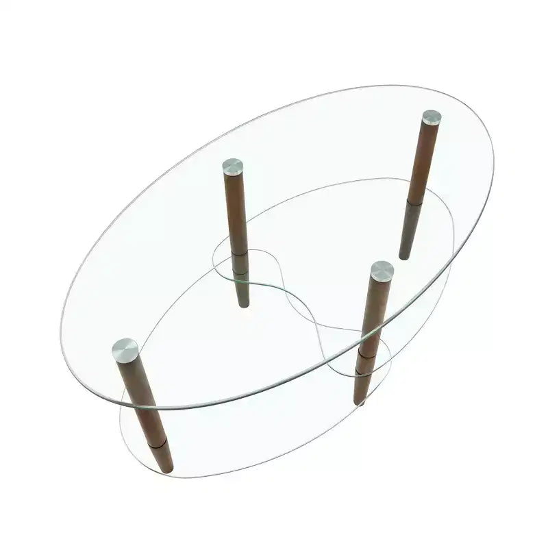 Table basse ovale à 3 niveaux en verre avec pieds en chêne, table de centre moderne en verre trempé pour salon