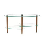 Table basse ovale à 3 niveaux en verre avec pieds en chêne, table de centre moderne en verre trempé pour salon