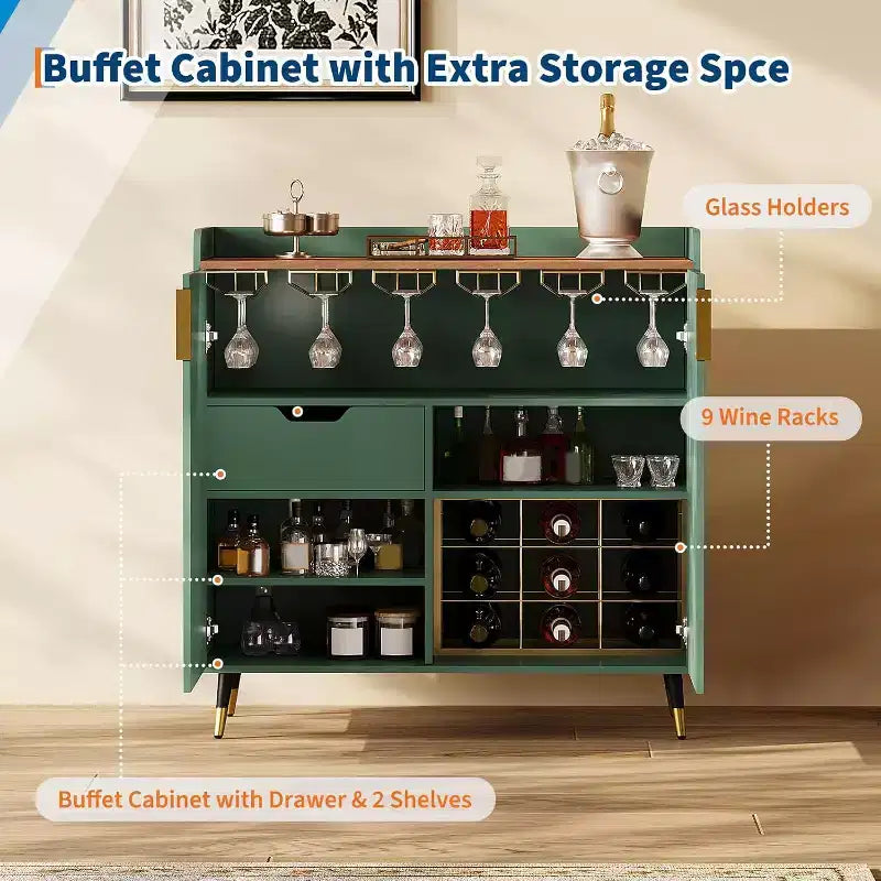 Meuble bar avec casiers à vin et buffet, vaisselier moderne avec texture cannelée et tiroirs de rangement pour cuisine, salle à manger