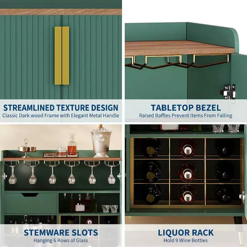 Meuble bar avec casiers à vin et buffet, vaisselier moderne avec texture cannelée et tiroirs de rangement pour cuisine, salle à manger