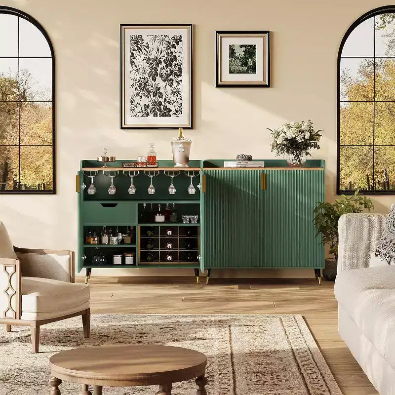 Meuble bar avec casiers à vin et buffet, vaisselier moderne avec texture cannelée et tiroirs de rangement pour cuisine, salle à manger