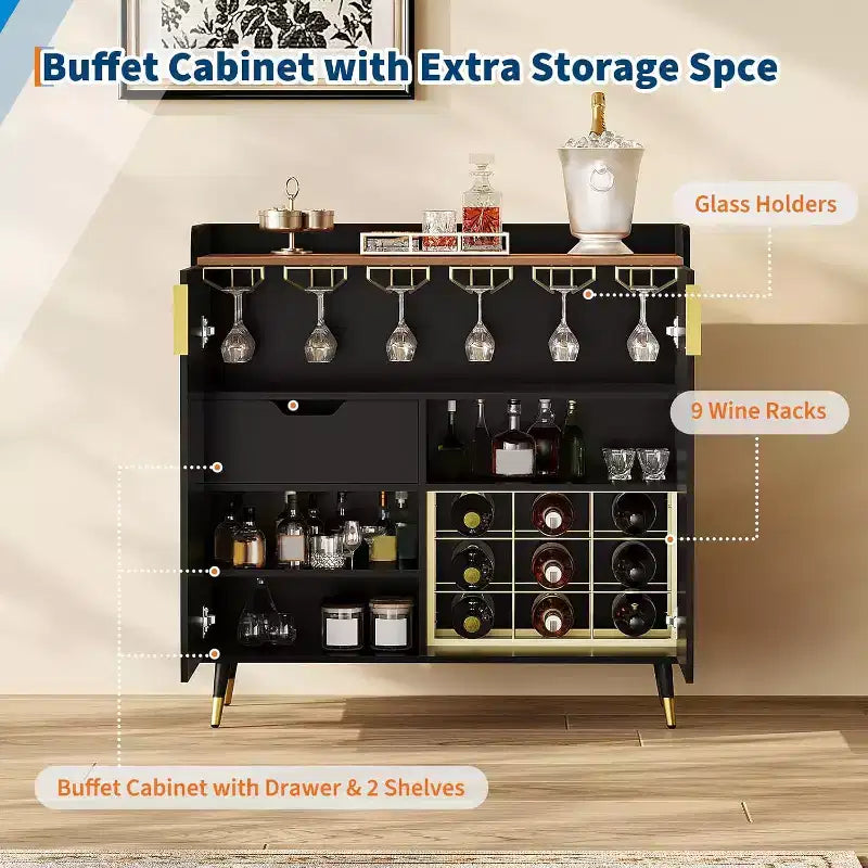 Meuble bar avec casiers à vin et buffet, vaisselier moderne avec texture cannelée et tiroirs de rangement pour cuisine, salle à manger