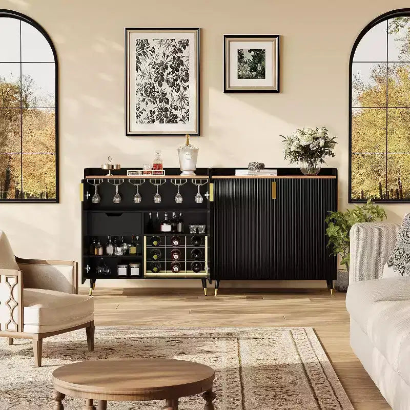 Meuble bar avec casiers à vin et buffet, vaisselier moderne avec texture cannelée et tiroirs de rangement pour cuisine, salle à manger