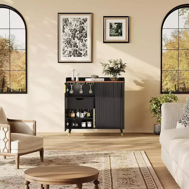 Meuble bar avec casiers à vin et buffet, vaisselier moderne avec texture cannelée et tiroirs de rangement pour cuisine, salle à manger